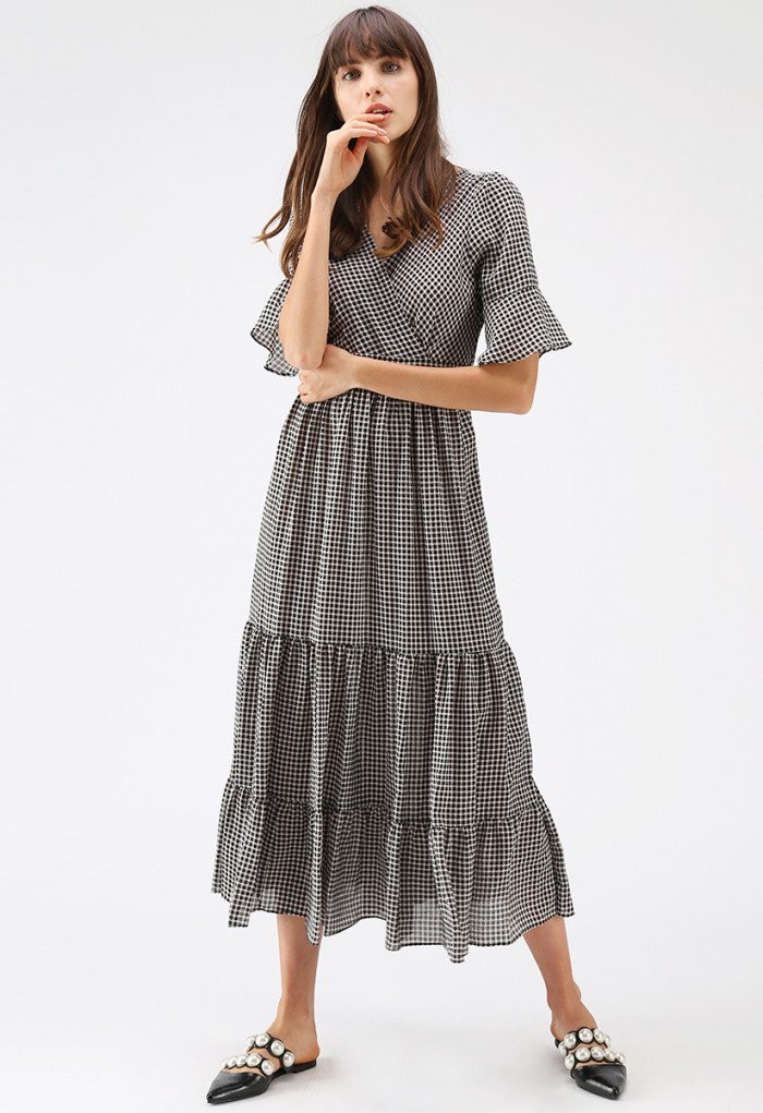Raise Me Up Gingham Wrapped Dress in Black | Chicwish