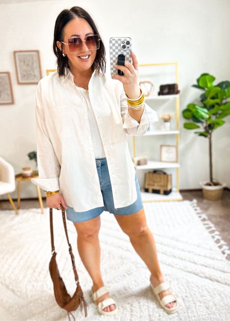 New oversized button down tops at Walmart!  Just under $20 and the perfect lightweight layering piece for spring and summer! XL in more for a nice oversized fit. XXL tank. Size 16 shorts. 6 inch seams! Sandals run tts  

#LTKSeasonal #LTKmidsize #LTKfindsunder50