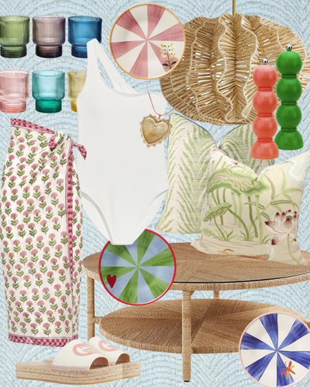 Weekly wishlist!
Block print sarong, one piece swimsuit, white bathing suit, colored glasses, tabletop decor, dessert plates, colorful tablescape, designer throw pillows, rattan pendant, woven coffee table, espadrilles, heart charm necklace, vintage jewelry, Etsy finds, grandmillennial style, vacay style, resort

#LTKshoecrush #LTKFind #LTKhome