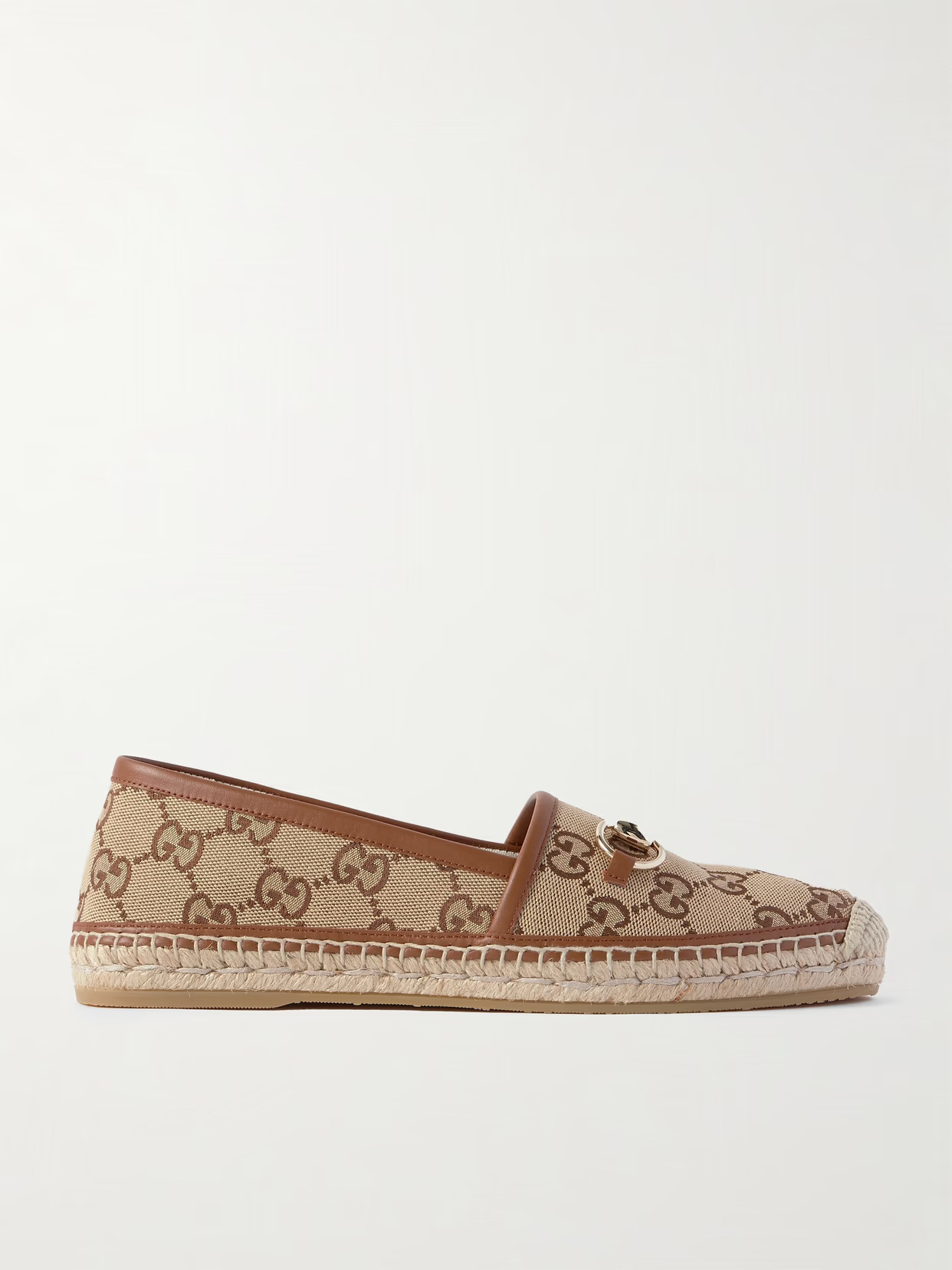 Gucci - Pilar Horsebit-embellished Leather-trimmed Logo-jacquard Canvas Espadrilles - Brown | NET-A-PORTER (US)