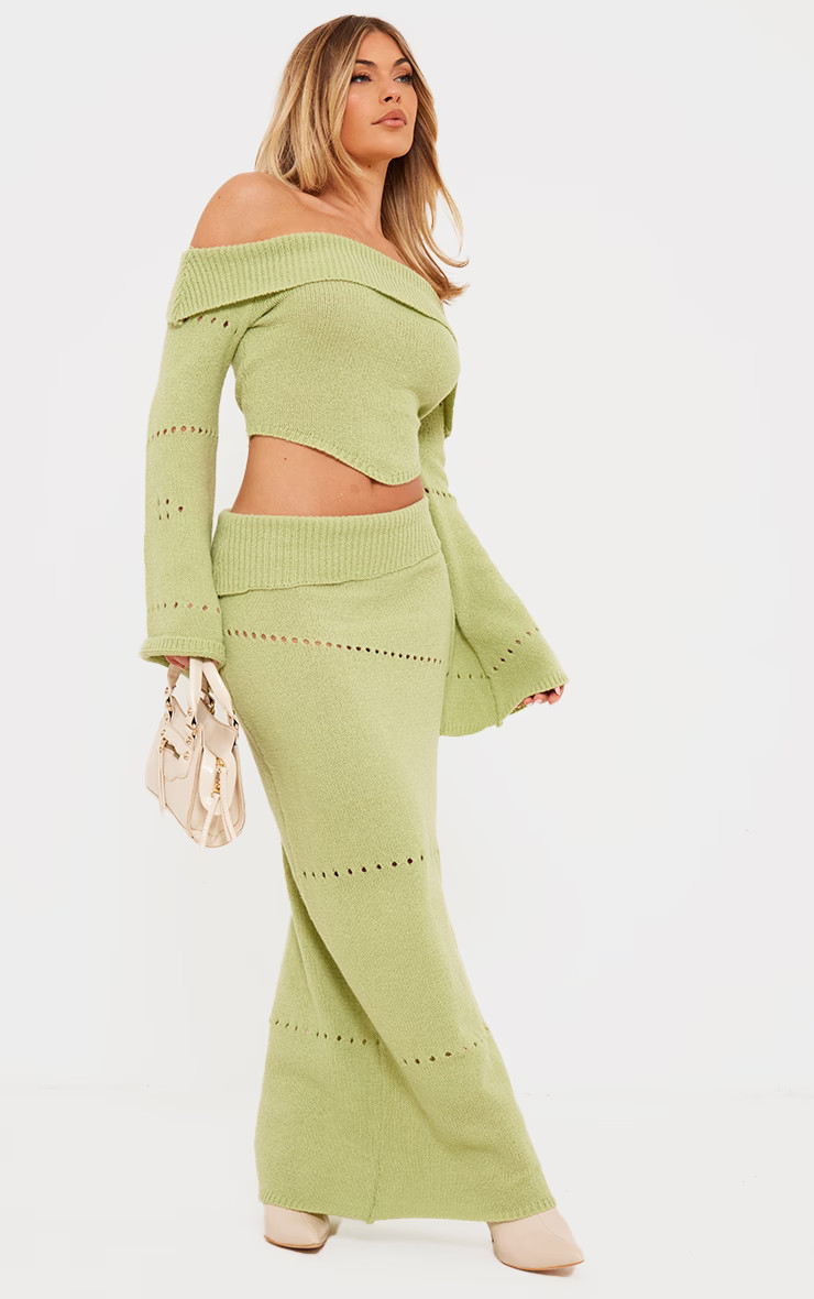 Sage Green Fold Over Knit Maxi Skirt | PrettyLittleThing UK