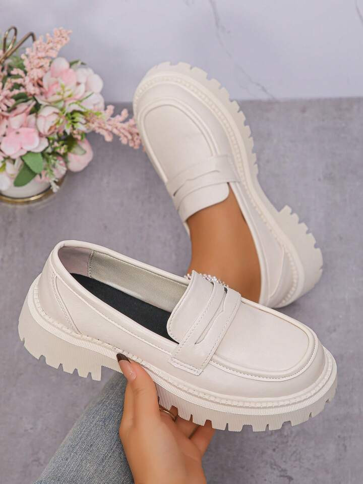 2024 New Thick Sole English Style Mary Jane Flat Shoes, Women Slip-On Loafers, Black | SHEIN