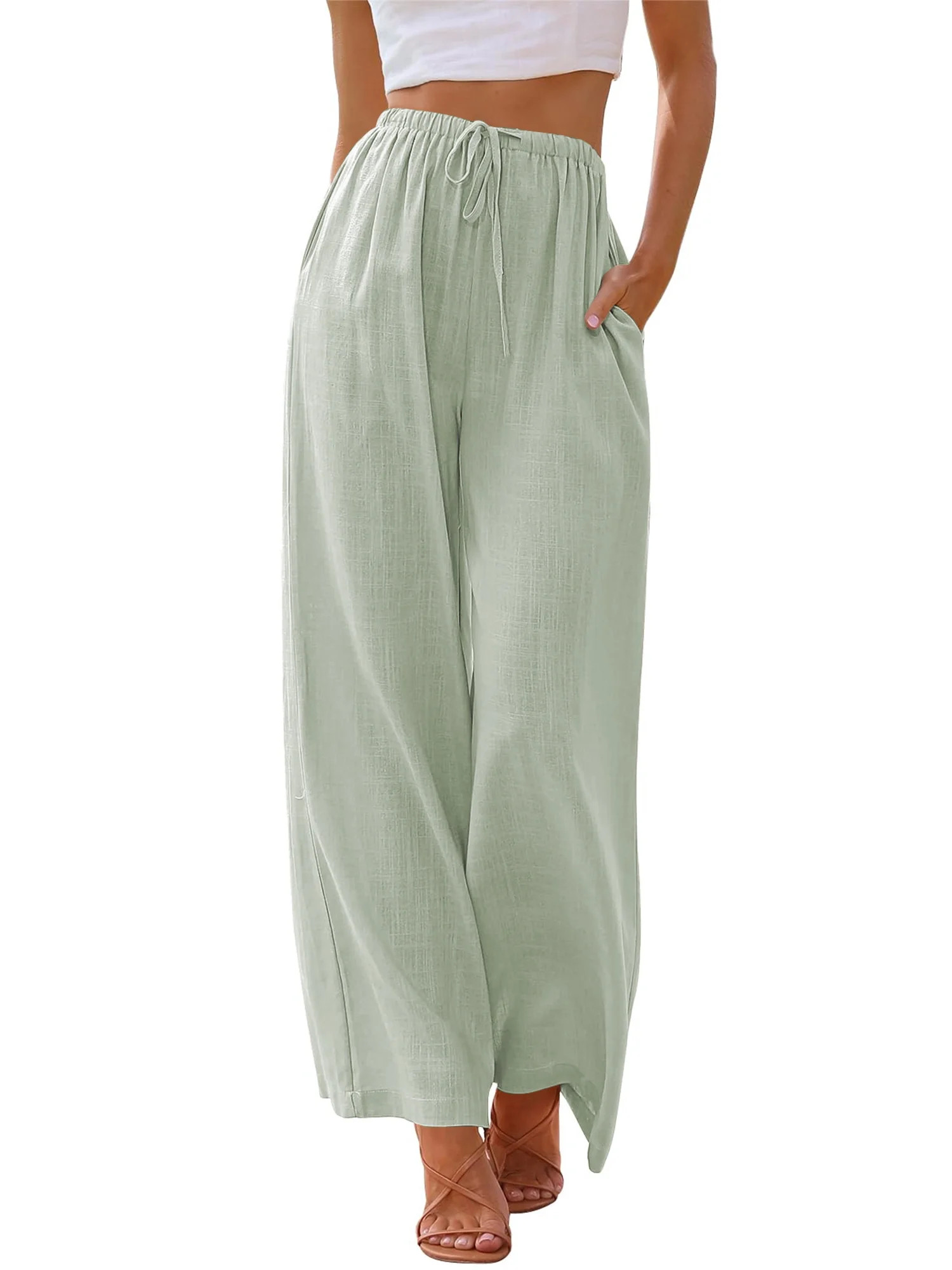 TEMOFON Pants for Women Wide Leg Linen Pant Summer Casual Palazzo Light Green Flowy Pants with Pocket Drawstring Loose Lightweight Pants L - Walmart.com | Walmart (US)