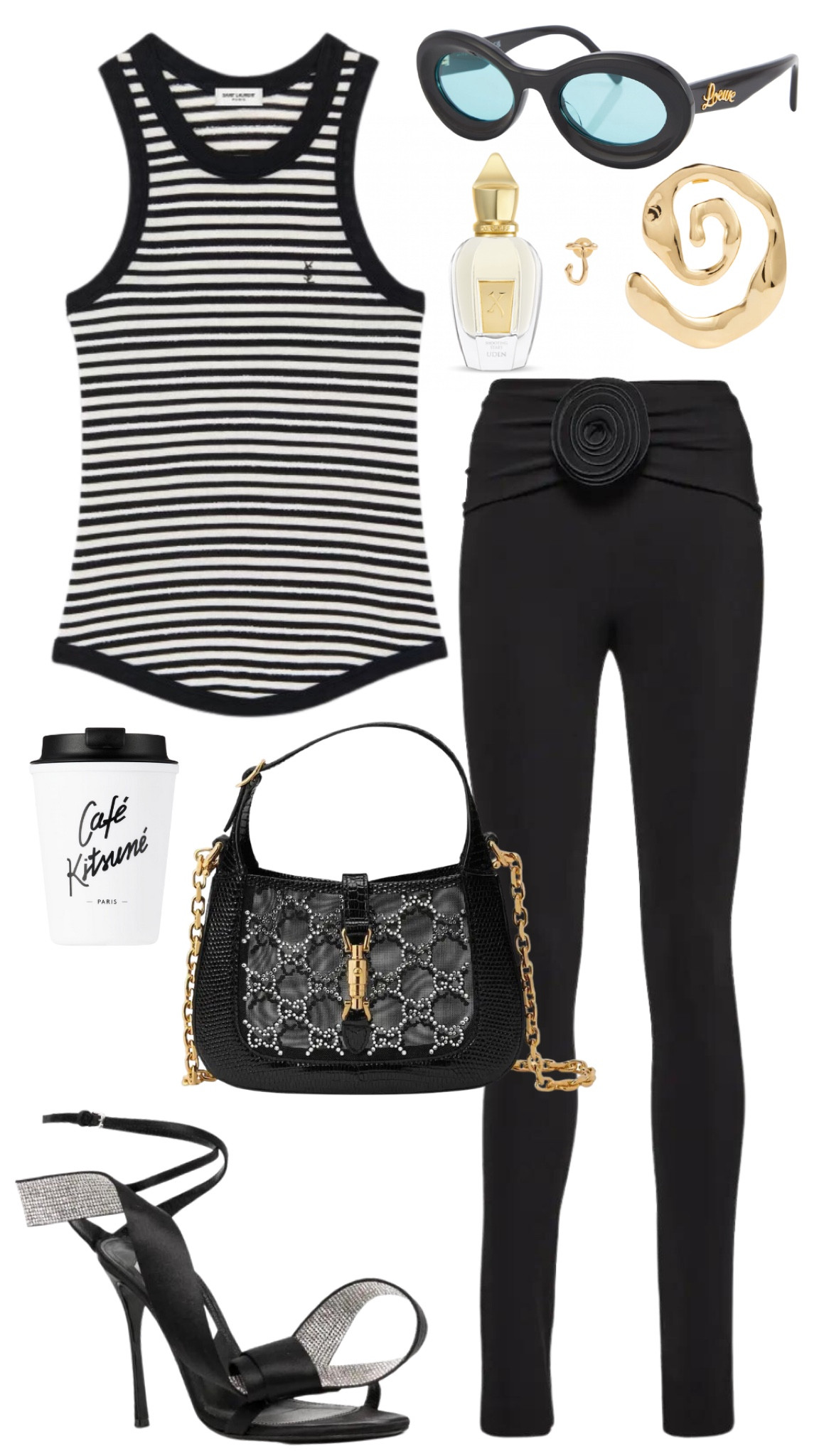 ysl tank top 
magda butrym Floral-appliqué leggings 
area x sergio rossi heels 
gucci jackie bag 
loewe sunglasses 
jacquemus earrings 
xerjoff shooting stars perfume 
cafe kitsune coffee cup 

#LTKbeauty #LTKsalealert #LTKstyletip