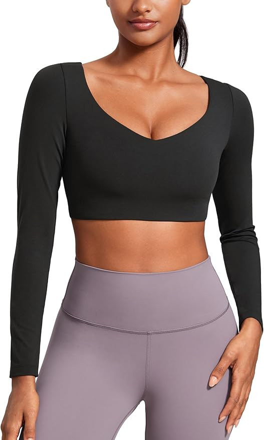 CRZ YOGA Butterluxe Double Lined Long Sleeve Yoga Shirts for Women V Neck Cropped Casual T-Shirt ... | Amazon (US)