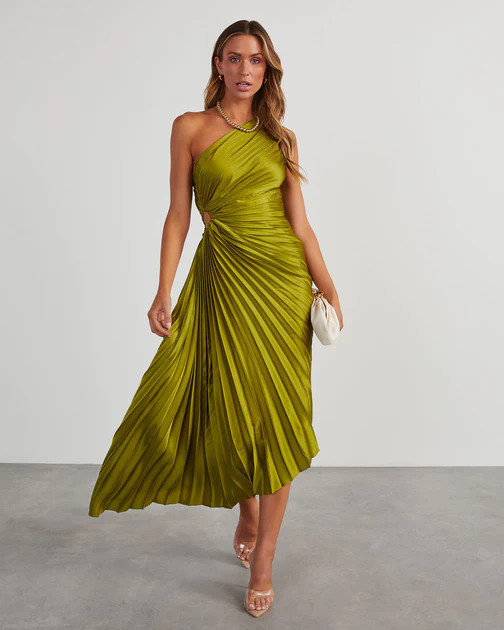 Modern Day Glam Satin Pleated One Shoulder Cutout Asymmetrical Maxi Dress - Chartreuse | VICI