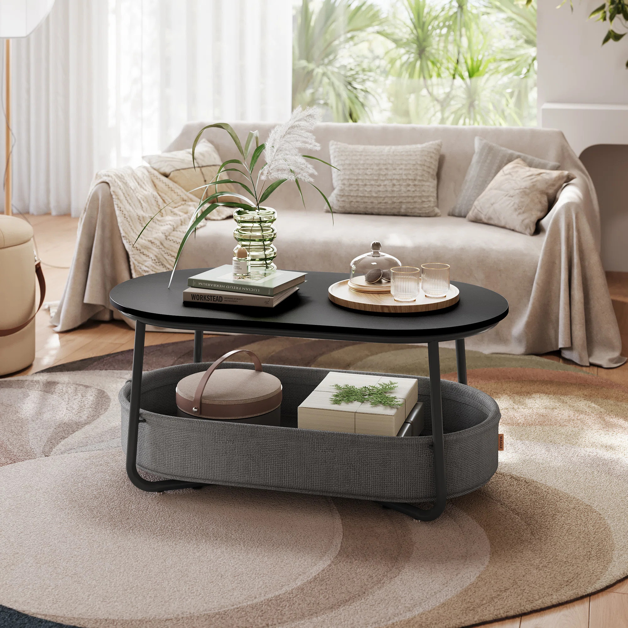 Neili Floor Shelf 39.4" W Coffee Table with Storage Fabric Basket | Wayfair North America