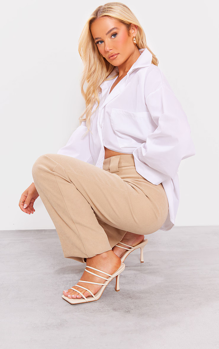 Cream Matte PU Square Toe Multi Cross Strap Detail Mid Heeled Mules | PrettyLittleThing UK
