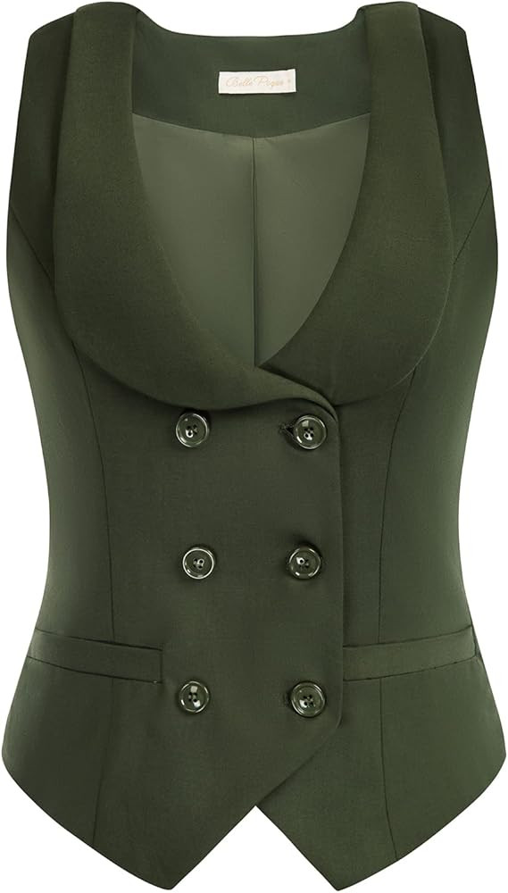 Belle Poque Women Double Breasted Waistcoat Vintage Lapel Collar Vest Coat with 2 Pockets | Amazon (US)