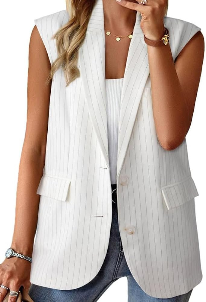 Dokotoo Womens Vest Dressy Casual Stripes Sleeveless Blazer Button Up Lightweight Summer Work Off... | Amazon (US)