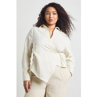 boohoo Women's Plus Stripe Peach Wrap Shirt in Cream | Size: 12 | Denim | boohoo (US & Canada)