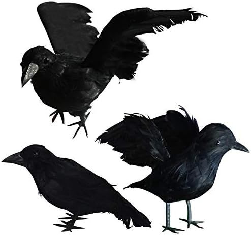 FUNPENY Halloween Black Feathered Crows, 3 Pack Black Crows with Real Feather Halloween Decoration f | Amazon (US)