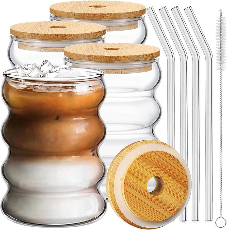 Ework4U 4 Pcs Drinking Glasses with Bamboo Lids and Glass Straw 14oz Glassware Set,Cocktail Glass... | Amazon (US)