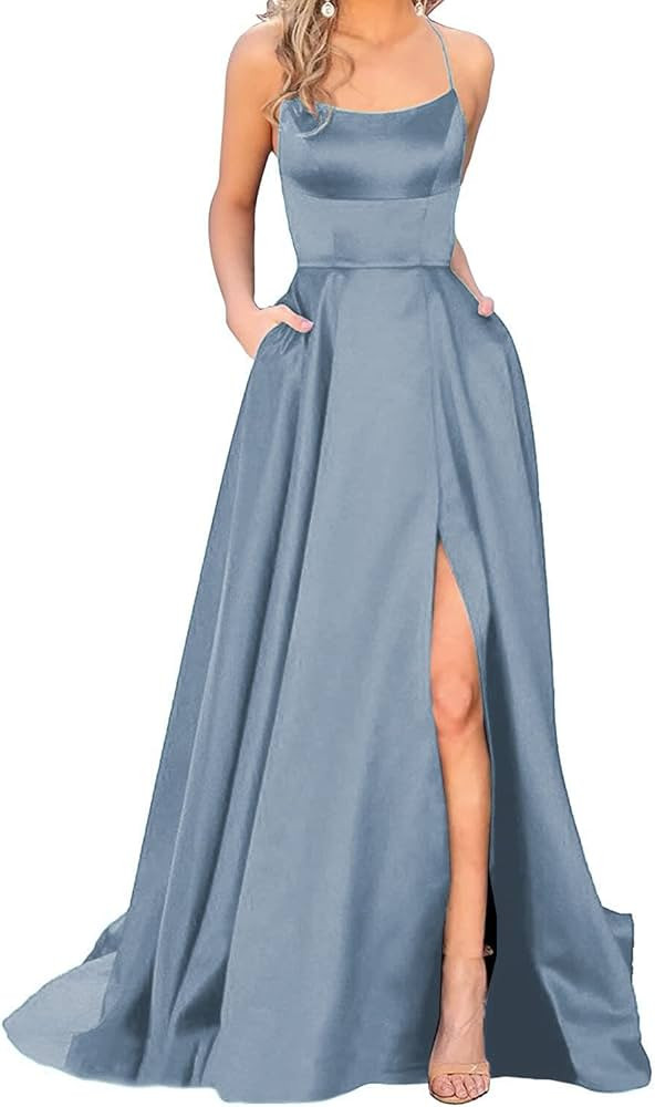 Women's Satin Prom Dress Long Ball Gown with Slit Backless Spaghetti Straps Halter Formal Evening Pa | Amazon (US)