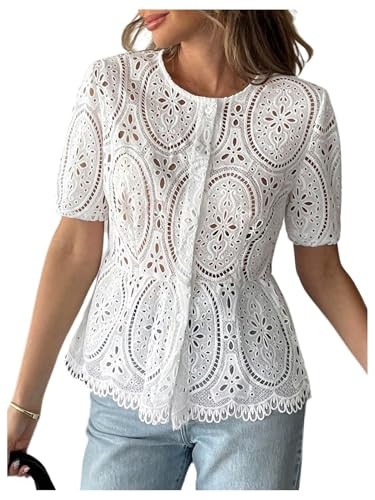 Amazon.com: GORGLITTER Women's Eyelet Babydoll Shirts Button Up Short Sleeve Lace Boho Dressy Pep... | Amazon (US)