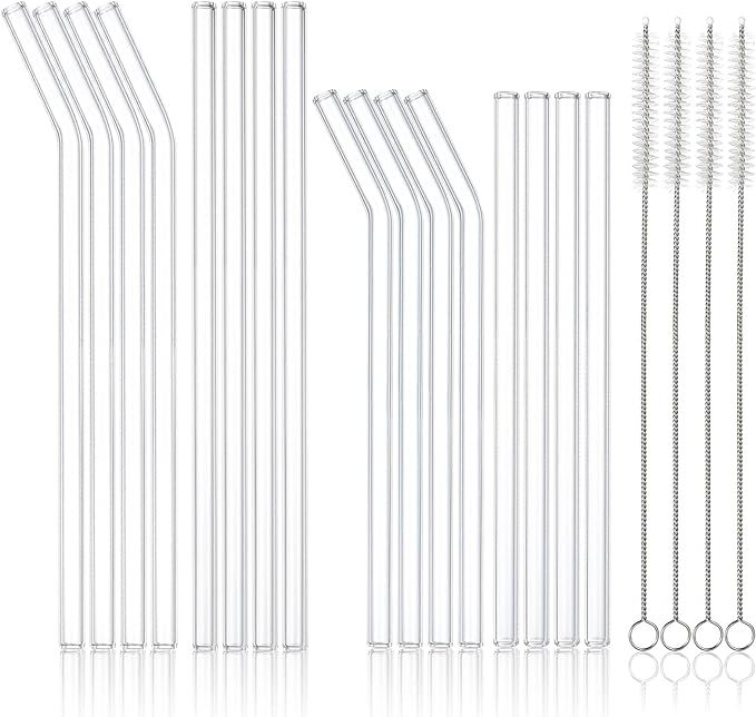 16 Pack Reusable Glass Straws, Size 10''x10MM and 8.5''x10MM Each Including 4 Straight and 4 Bent... | Amazon (US)