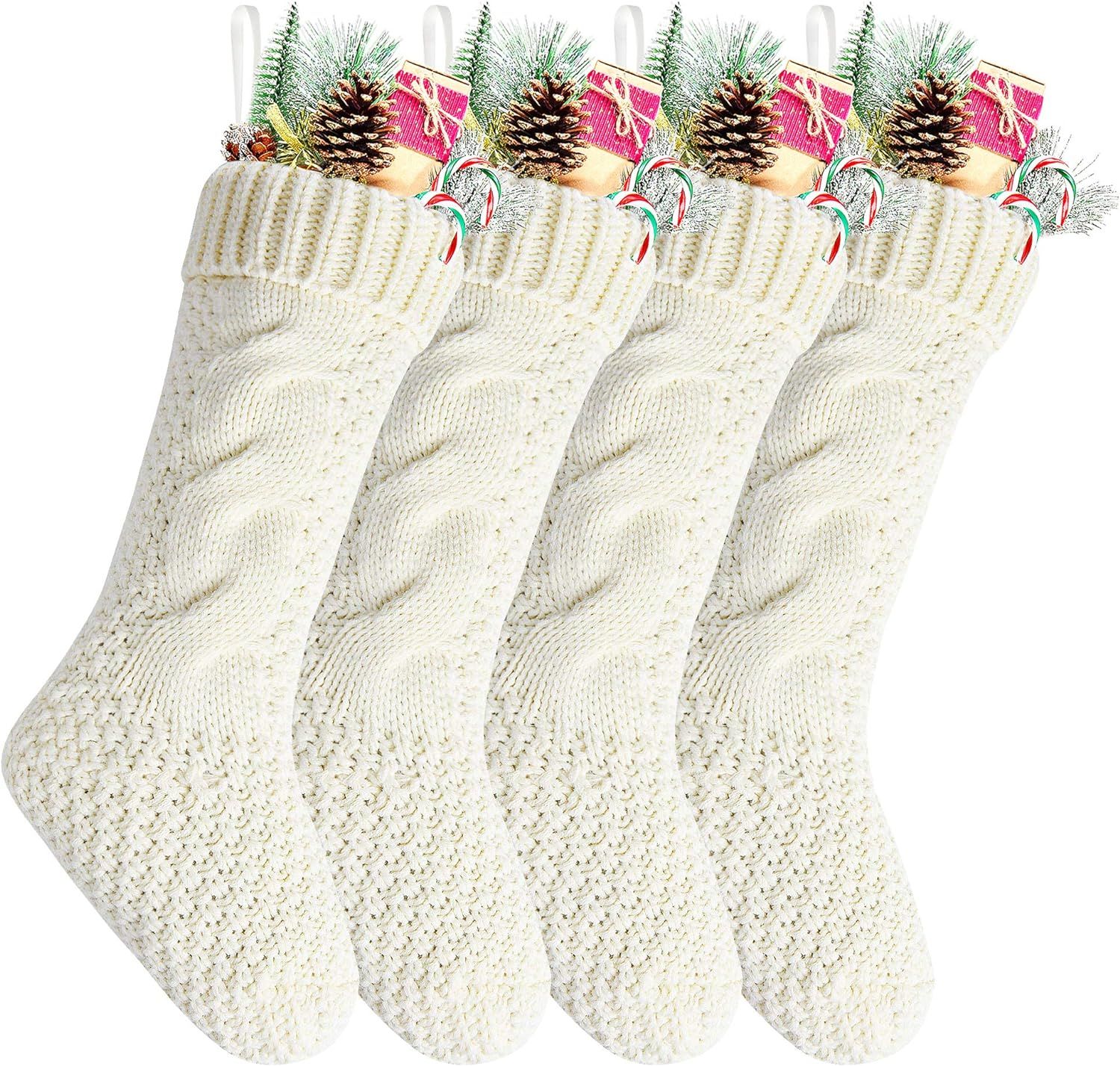 Kunyida Pack 4,18" Unique Ivory White Knit Christmas Stockings | Amazon (US)