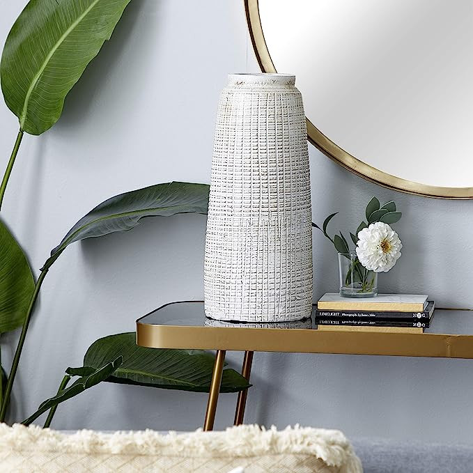 Deco 79 Terracotta Carved Vase with Cross Hatching Design, 8" x 8" x 17", White | Amazon (US)