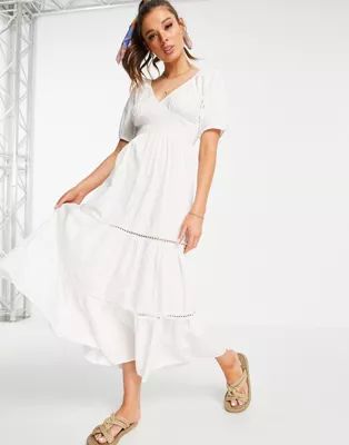 ASOS DESIGN shirred waist lace insert maxi dress in white | ASOS (Global)