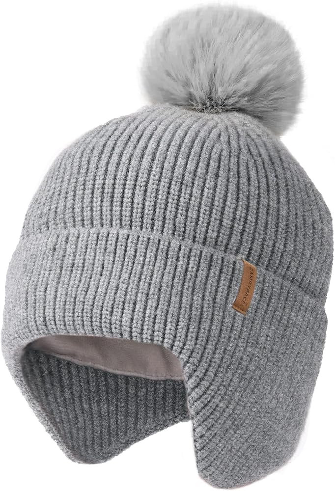 Toddler Baby Winter Hat Warm Fleece Lined Knit Kids Hat with Earflap Infant Newborn Pom Pom Beani... | Amazon (US)