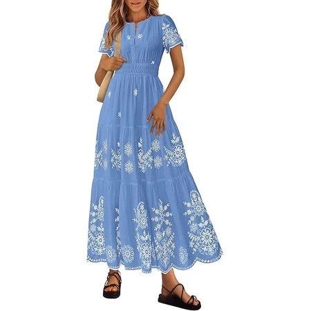 PRETTYGARDEN Boho Dresses for Women Summer Spring Casual Floral Short Sleeve V Neck Maxi Elastic Waist Dress Pockets | Walmart (US)