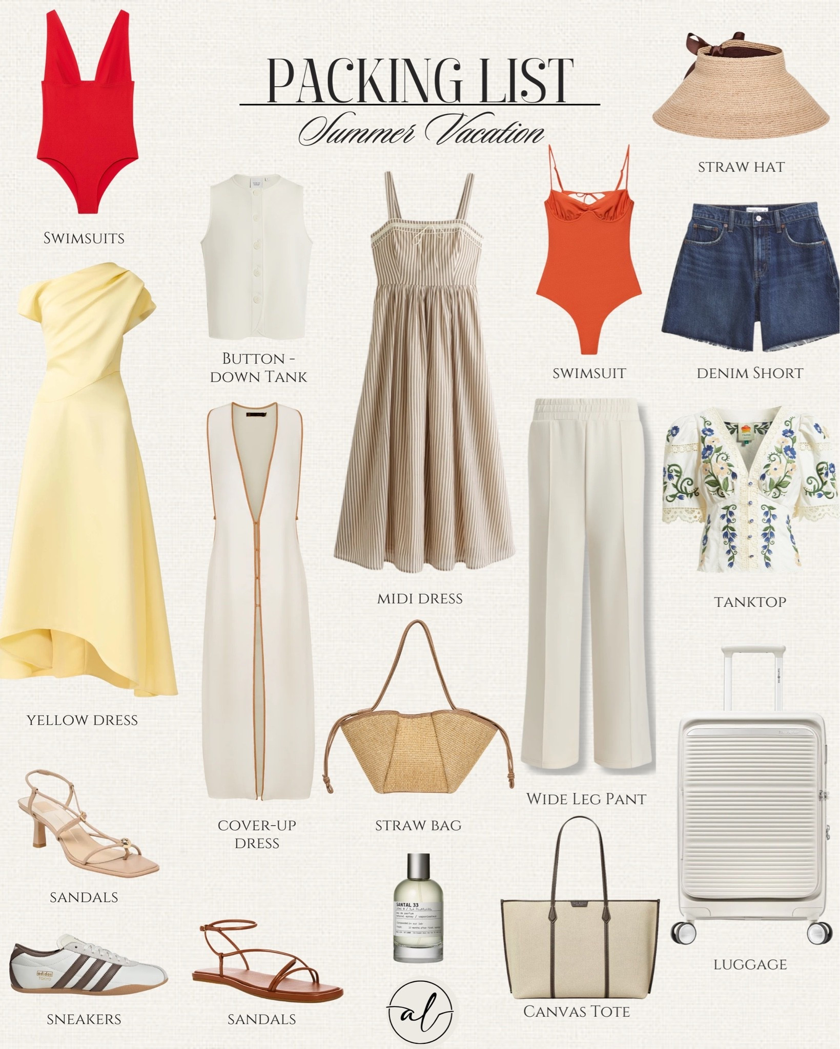 Packing List - summer vacation 
Dresses, pants, tops, bags, swimsuits, accessories, luggages, shoes, sneakers, sandals

#LTKU #LTKSeasonal #LTKootd