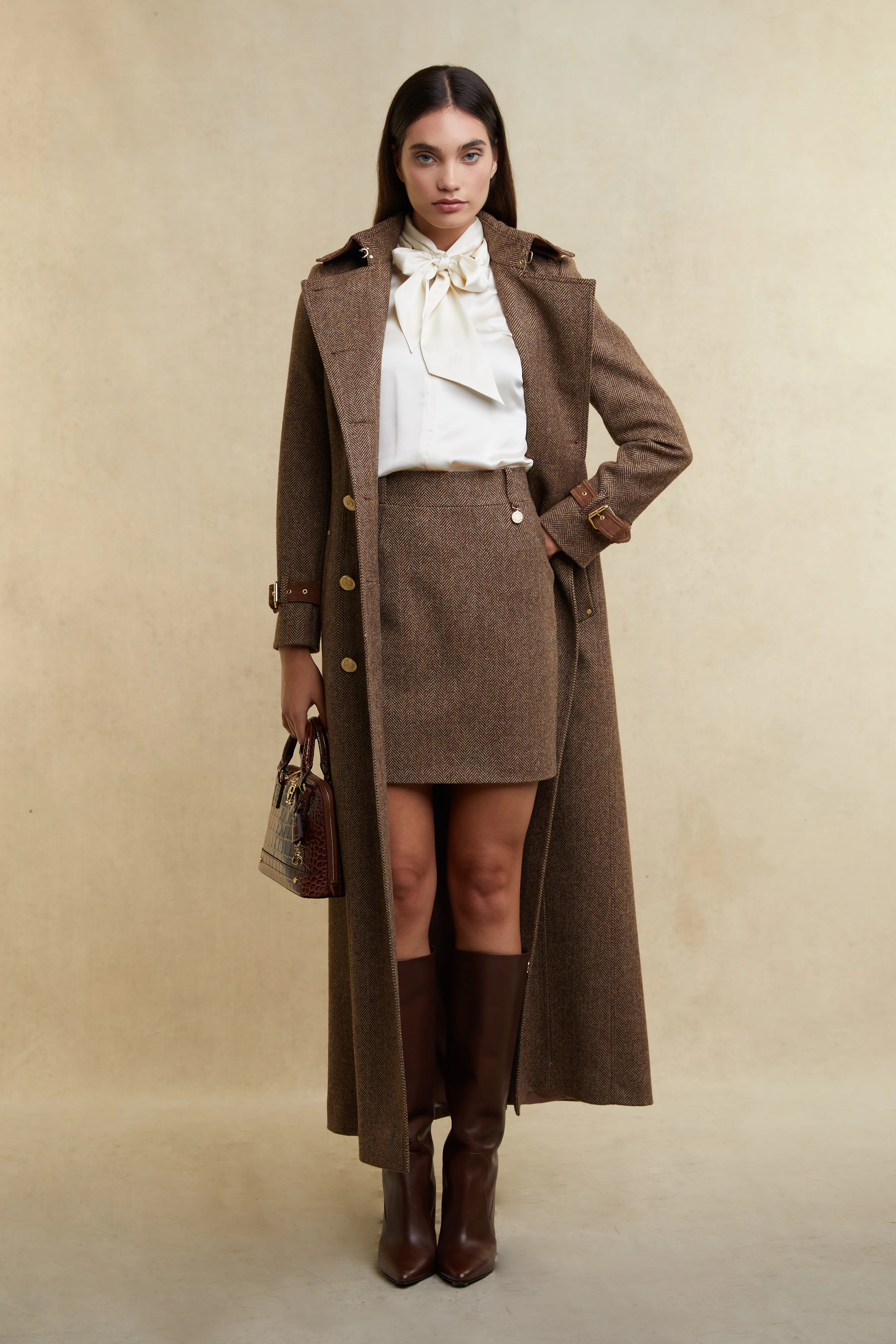 Full Length Marlborough Trench Coat (Large Scale Brown Herringbone) | Holland Cooper