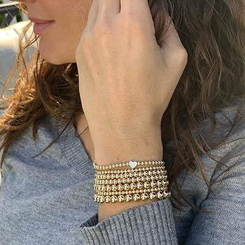 Hapuxt 14K Gold Bracelets for Women | Stretch Stacking Gold Layered Beaded Ball Bracelets Sets | Amazon (US)