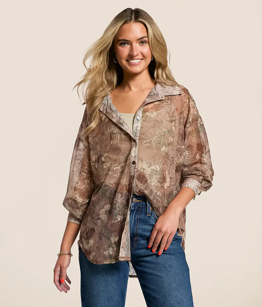 Foiled Floral Mesh Blouse | Buckle