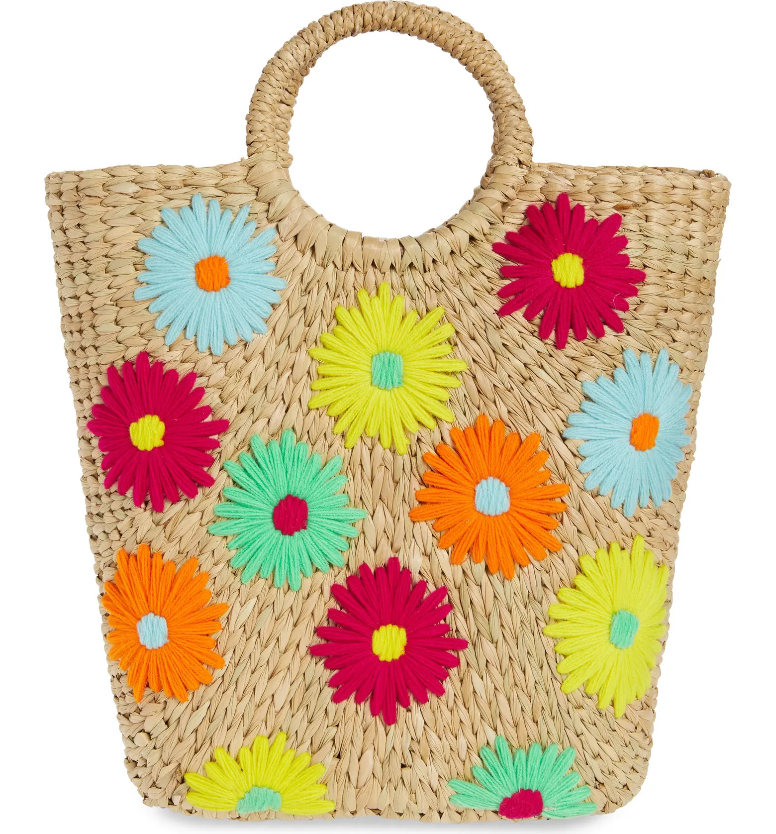 Large Susan Embroidered Neon Daisies Straw Tote | Nordstrom