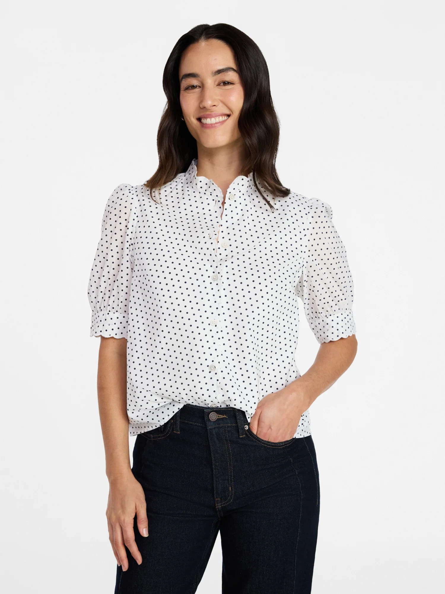 Time and Tru Women's Scallop Trim Cotton Button Down Shirt with Short Sleeves, Sizes XS – XXXL | Walmart (US)