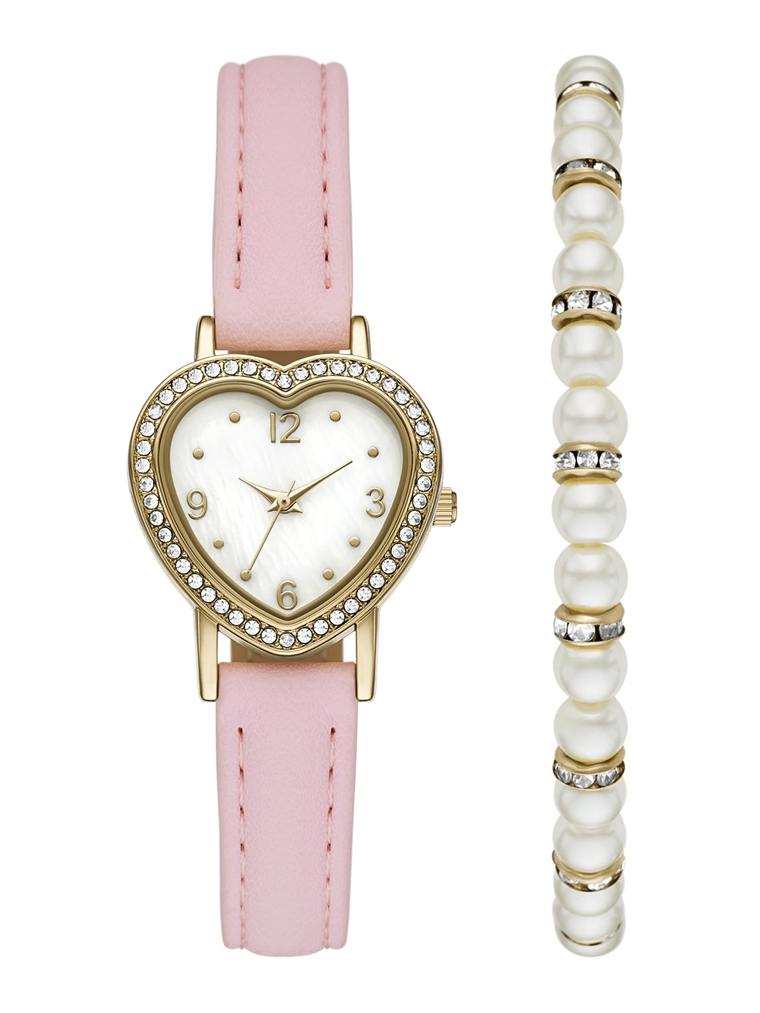 Folio Women’s 2pc Watch & Bracelet Set; 28mm Heart Case, Pink PU Leather Strap, Silver, FMDAL12... | Walmart (US)