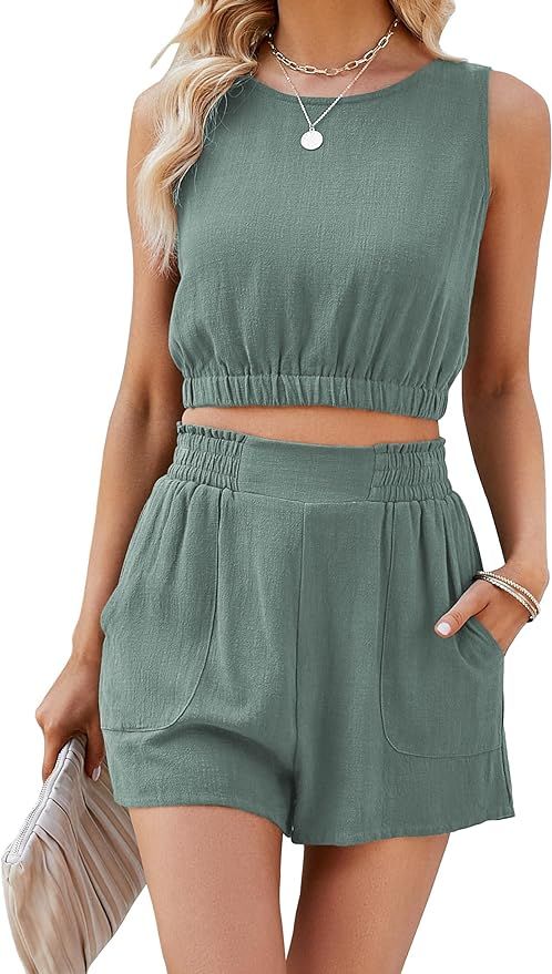 Women's Two Piece Outfits Linen Sets for Women 2 Piece Sleeveless Lounge Summer Set | Amazon (US)