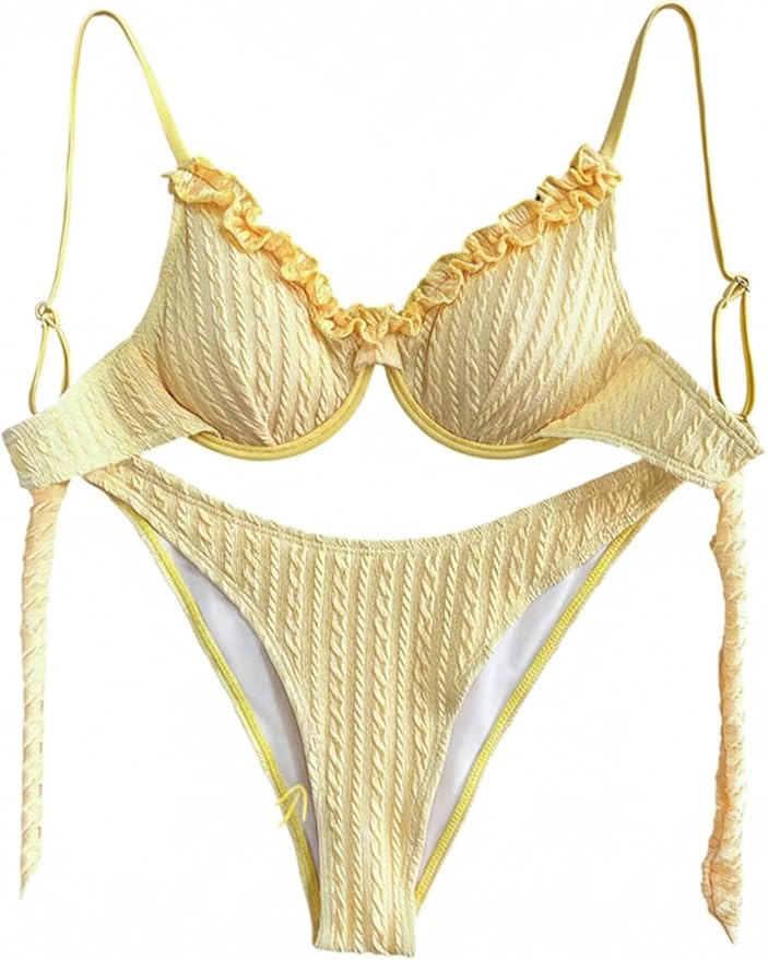 SOLY HUX Women's Textured Swimsuit Frill Trim Push Up Bikini Set Summer Beach Two Piece Bathing S... | Amazon (US)