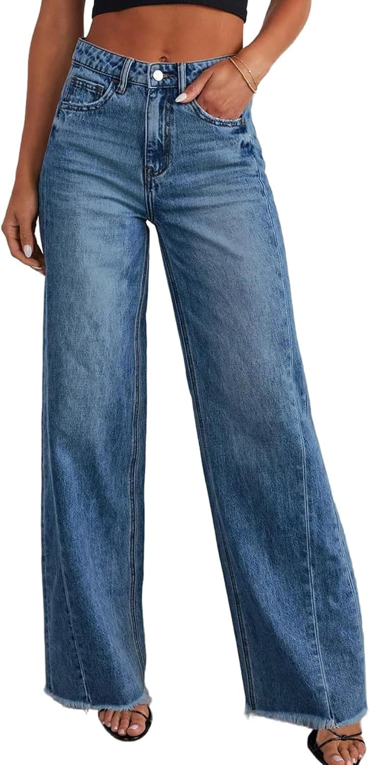 Trendy Women's Baggy Wide Leg Jeans High Rise Stretchy Denim Pants with Raw Hem & Comfort Fit | Amazon (US)