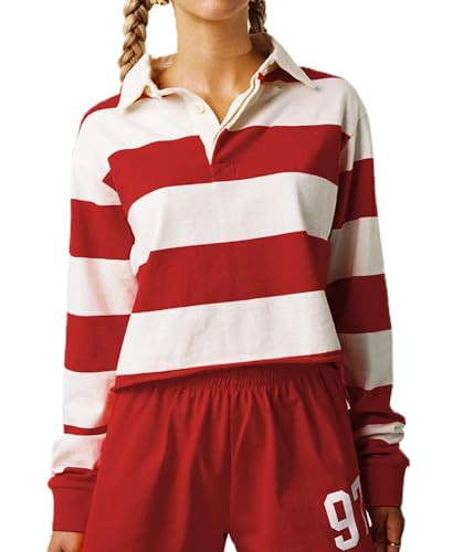 Women Striped Rugby Shirt Long Sleeve Cropped Polo Shirts Oversized Collared Sweatshirt Teens Girls Preppy Vintage Pullover Sweaters(Jersey Red,X-Large) | Amazon (US)