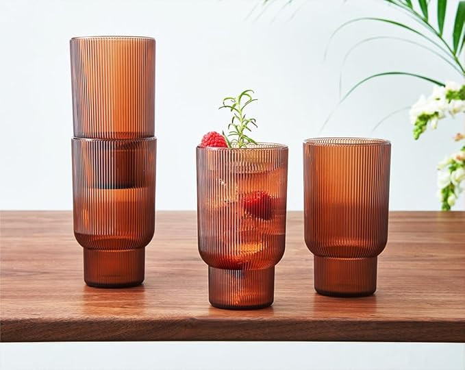 Shatterproof Acrylic Tall Drinking Glasses Set, European Style, Dishwasher Safe, Ribbed | Set of ... | Amazon (US)