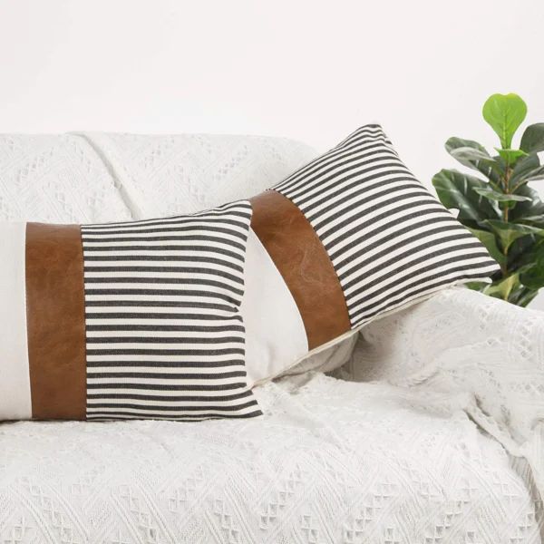 Pillow Covers Set Of 2 Farmhouse Decor Stripe Patchwork Linen Throw Pillow Covers Modern Faux Lea... | Wayfair North America