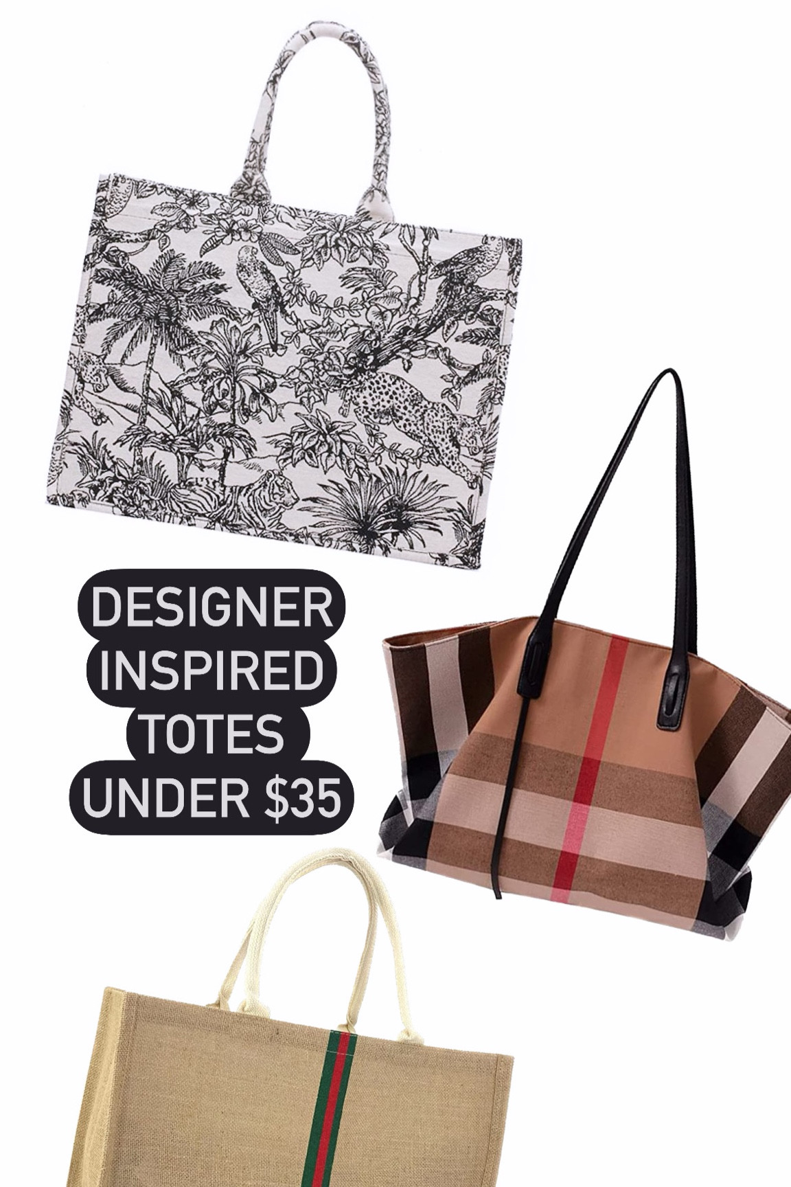 Designer inspired totes under $35
Beach totes
Dior inspired tote
Burberry inspired tote
Gucci inspired tote
Travel totes 
Travel bags
Vacation tote 
Vacation bag 
Dior dupe
Gucci dupe 
Burberry dupe
Dior book tote dupe

#LTKitbag #LTKtravel #LTKGiftGuide