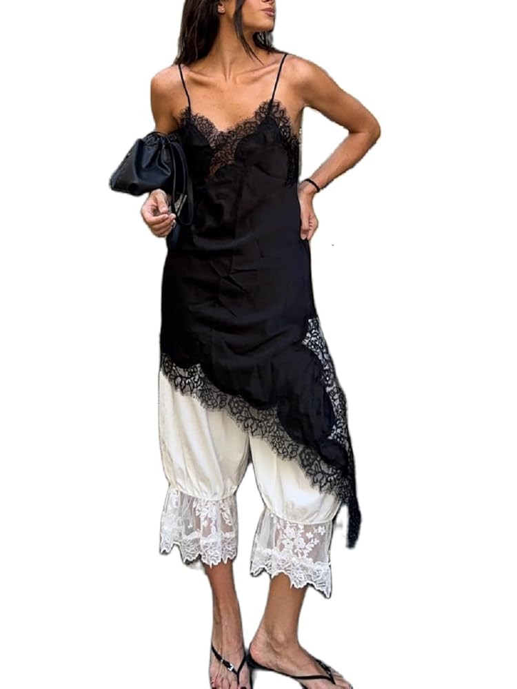 Women Satin Long Lace Cami Top Y2K Spaghetti Strap Side Split Tank Tops Dress Clothes | Amazon (US)