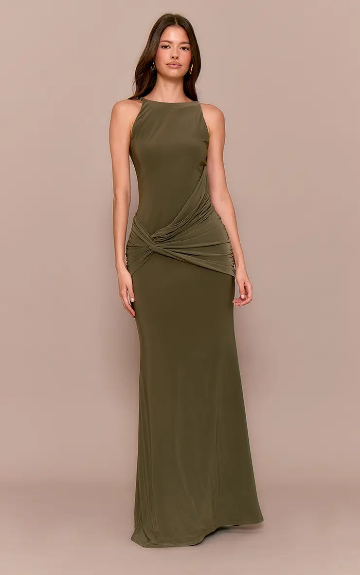 Khaki Double Layer Slinky Twisted Front Halter Neck Maxi Dress | PrettyLittleThing USA | PrettyLittleThing US