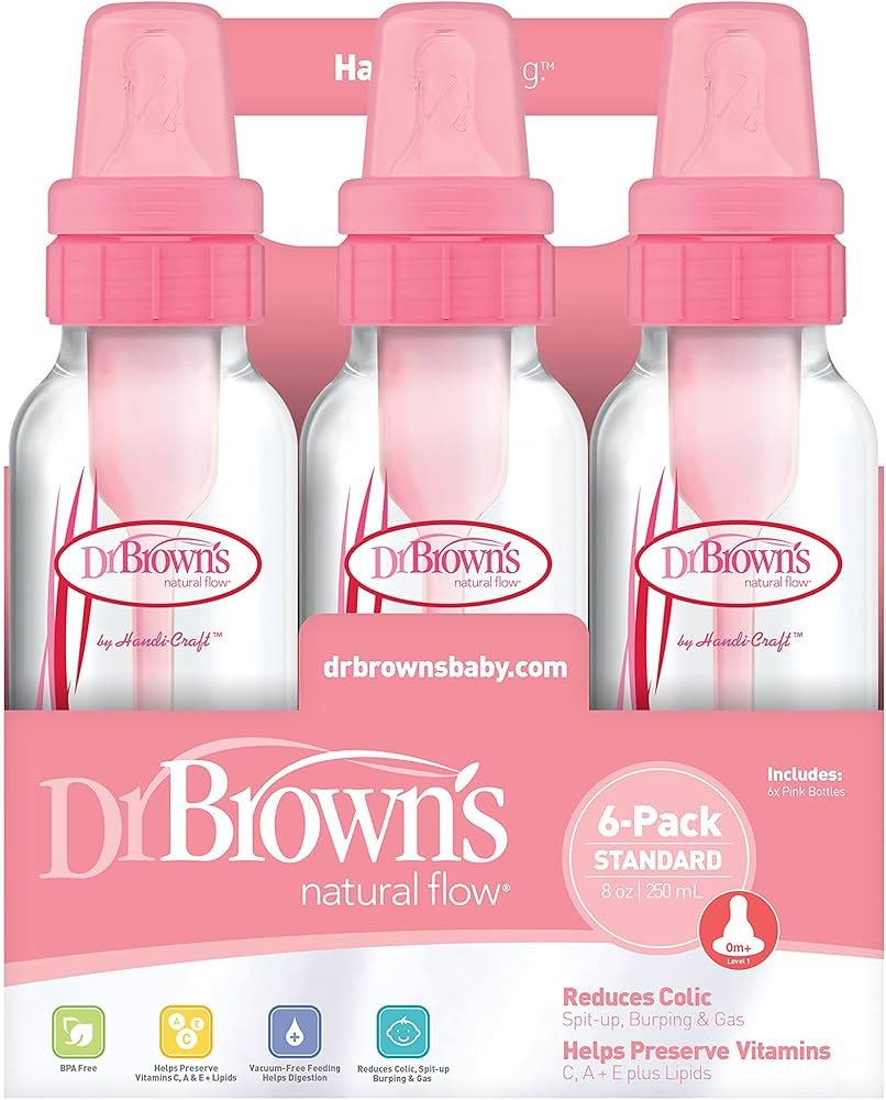 DR Browns Natural Flow Feeding Bottle 6PK Clear with Pink Print - 250ML(8OZ) (Standard) | Amazon (US)