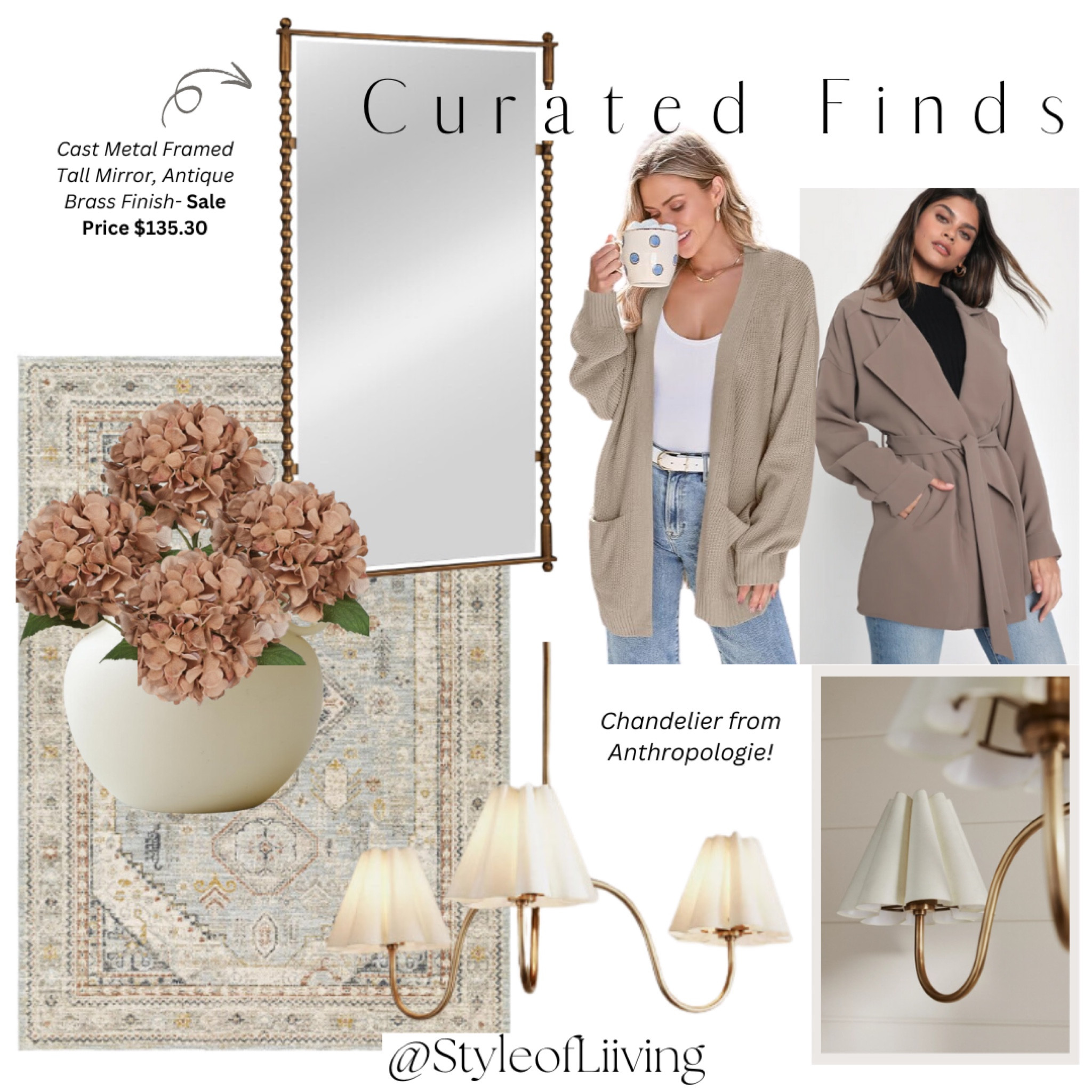 Curated home decor and fashion finds! Faux hydrangeas, taupe short belted trench coat from lulus, sweater from Amazon fashion, chandelier, tall mirror, area rug, decorative plant pot.

#LTKStyleTip #LTKSeasonal #LTKHome