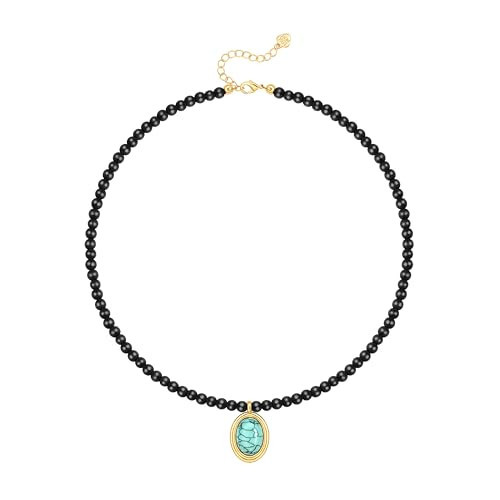 PEARLADA Boho Black Beaded Choker, Oval Turquoise Pendant Necklace for Women, 18k Gold Plated Chakra Gemstone Necklace | Amazon (US)