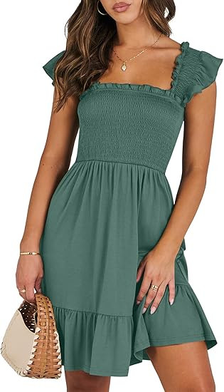 ANRABESS Women's Summer Casual Sleeveless Square Neck Dress 2026 Smocked Ruffle Backless Boho Bea... | Amazon (US)