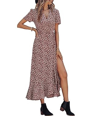 PRETTYGARDEN Women's Summer Wrap Maxi Dress Casual Boho Floral V Neck Short Sleeve Ruffle Hem Spl... | Amazon (US)
