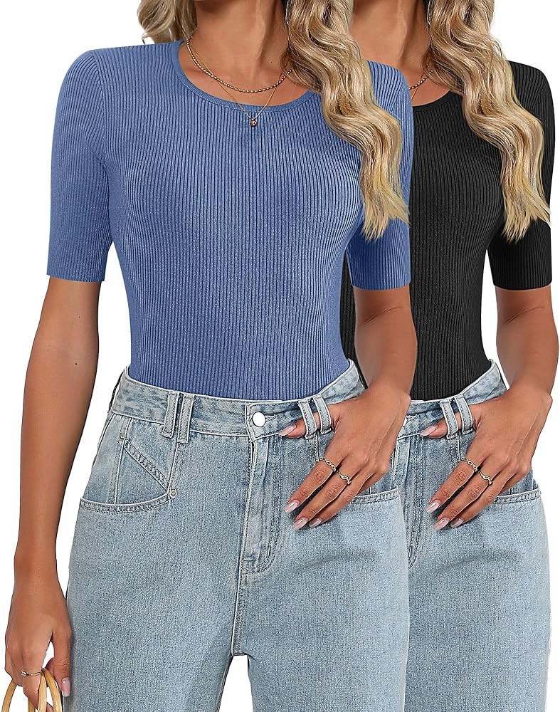 Riyiper 2 Pack Women's Ribbed Knit Tops, Slim Fitted Short Sleeve T Shirts, Crew Neck Stretchy Sh... | Amazon (US)