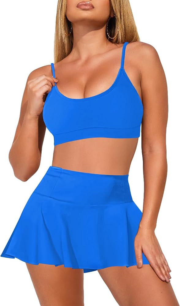 Pink Queen Women's High Waisted Bikini Set Two Piece Swimsuit Scoop Neck Spaghetti Straps Swim Sk... | Amazon (US)