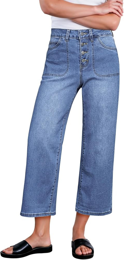 GRAPENT Wide Leg Jeans for Women Cropped Trendy High Waisted Button Fly Loose Straight Leg Stretc... | Amazon (US)