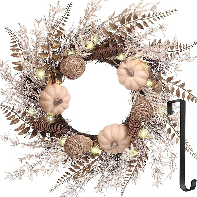 Fall Wreaths, 22 Inch Harvest Wreaths with Hanger and LED Light for Front Door with Pumpkins Pine... | Amazon (US)